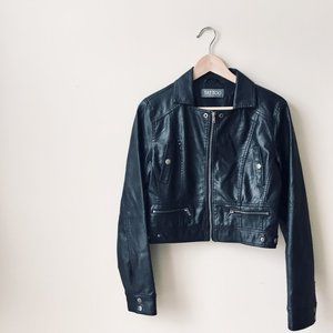 Tattoo Cropped Black Faux Leather Jacket